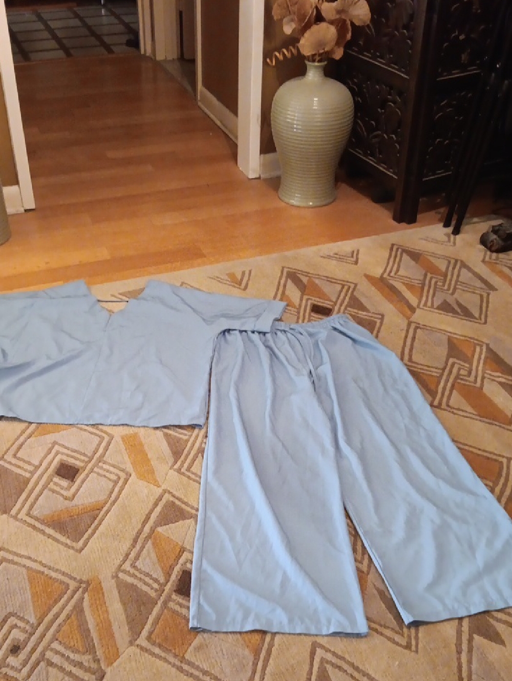 Light Blue Wide Leg Women's Pants with Elastic Waist And Top 2 Piece Set Xl
